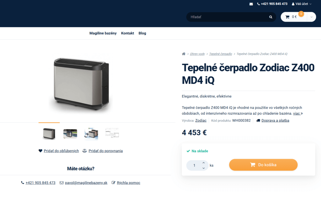 Example of an e-shop on the Upgates platform, which we integrated on the website of the luxury swimming pool manufacturer Magiline